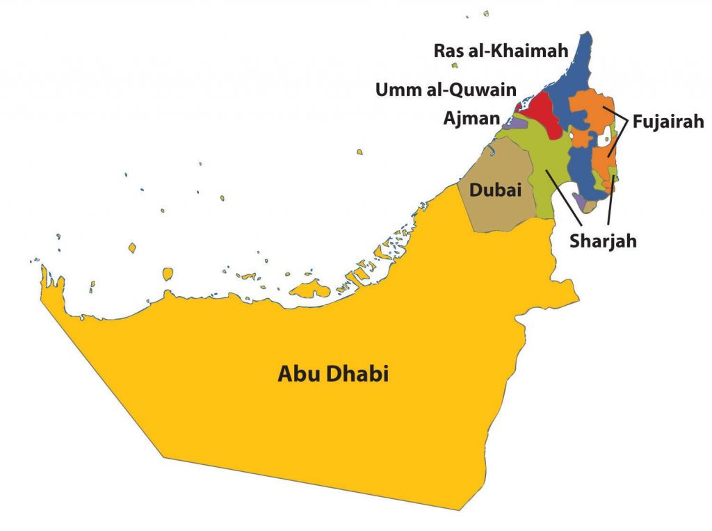 The seven Emirates of UAE. Dubai stands 2nd in terms of size. 