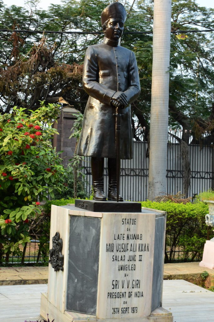 Statue of Salarjung III can be seen in the Salarjung Museum campus. 